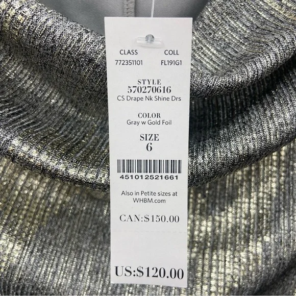 NWT White House Black Market Gray Gold Metallic Drape Neck Shine Dress Size 6 - Picture 5 of 10